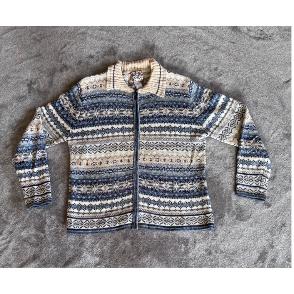 VTG Heirloom Collectibles Fair Isle Full Zip Sweater Nordic Blue Cottagecore |XL